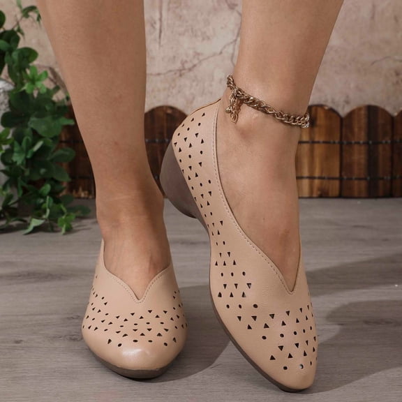 Xucatan Women's Round Toe Perforated Wedge Heels with Hollow Out Detail, Breathable Faux Leather Low Cut Slip On Shoes, Comfortable Height Increasing Flats for Spring Summer Walking Gift