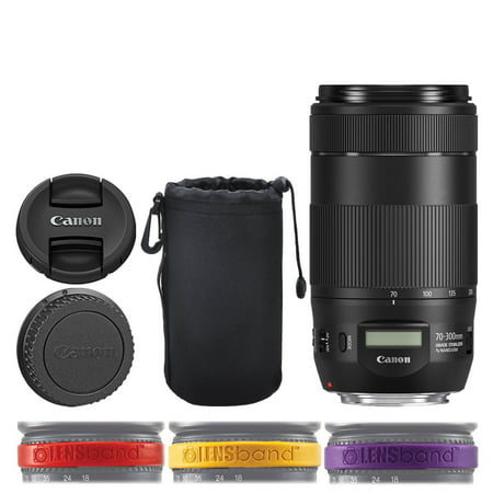 Canon EF 70-300mm f/4-5.6 IS II USM Lens + Neoprene Soft Lens Pouch 8 (Black) + Lens Band Red, Yellow, Purple Stops Zoom Creep – Deluxe Lens Accessory Bundle
