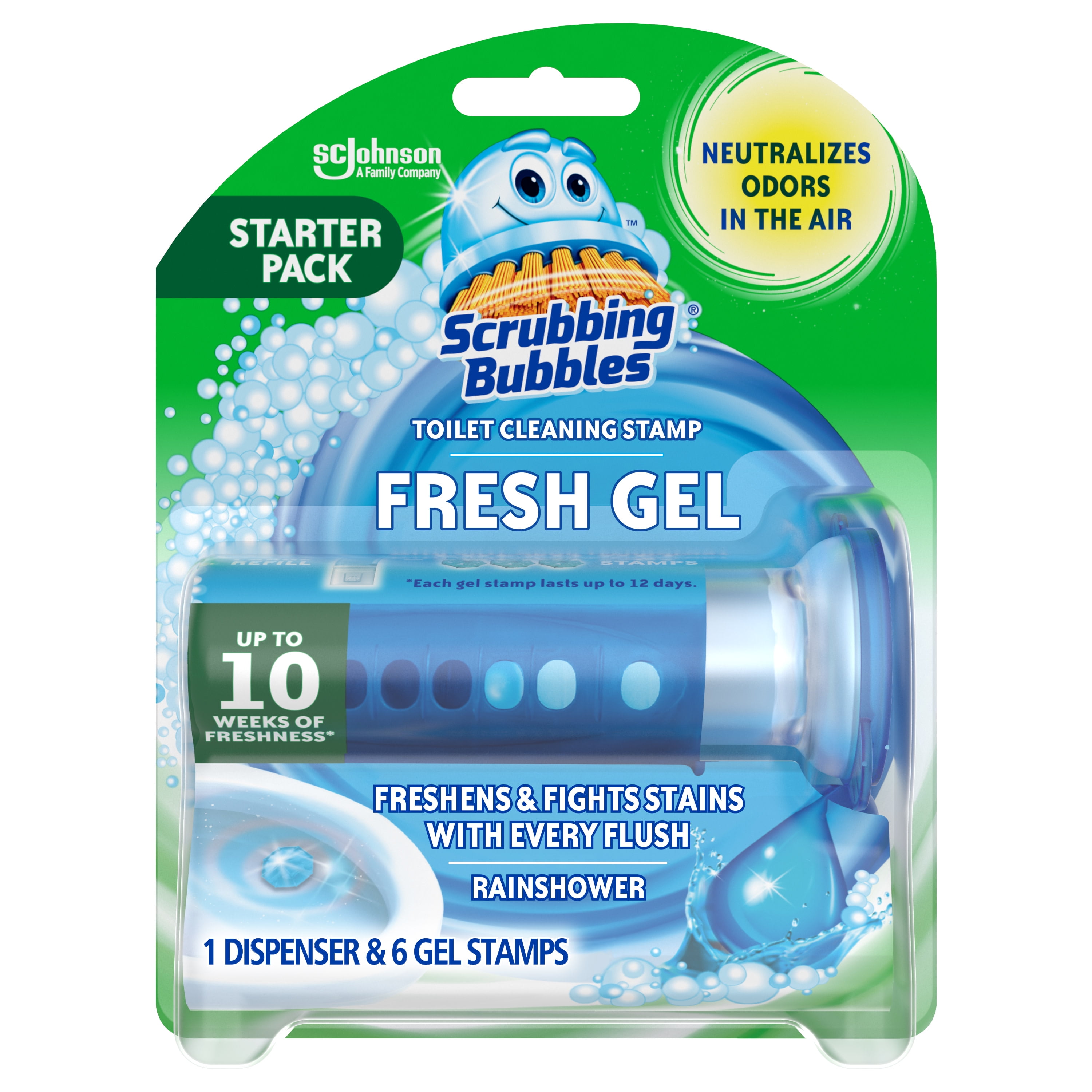 Scrubbing Bubbles Fresh Gel Toilet Cleaning Stamp, Rainshower, Dispenser with 6 Gel Stamps, 1.34 Oz