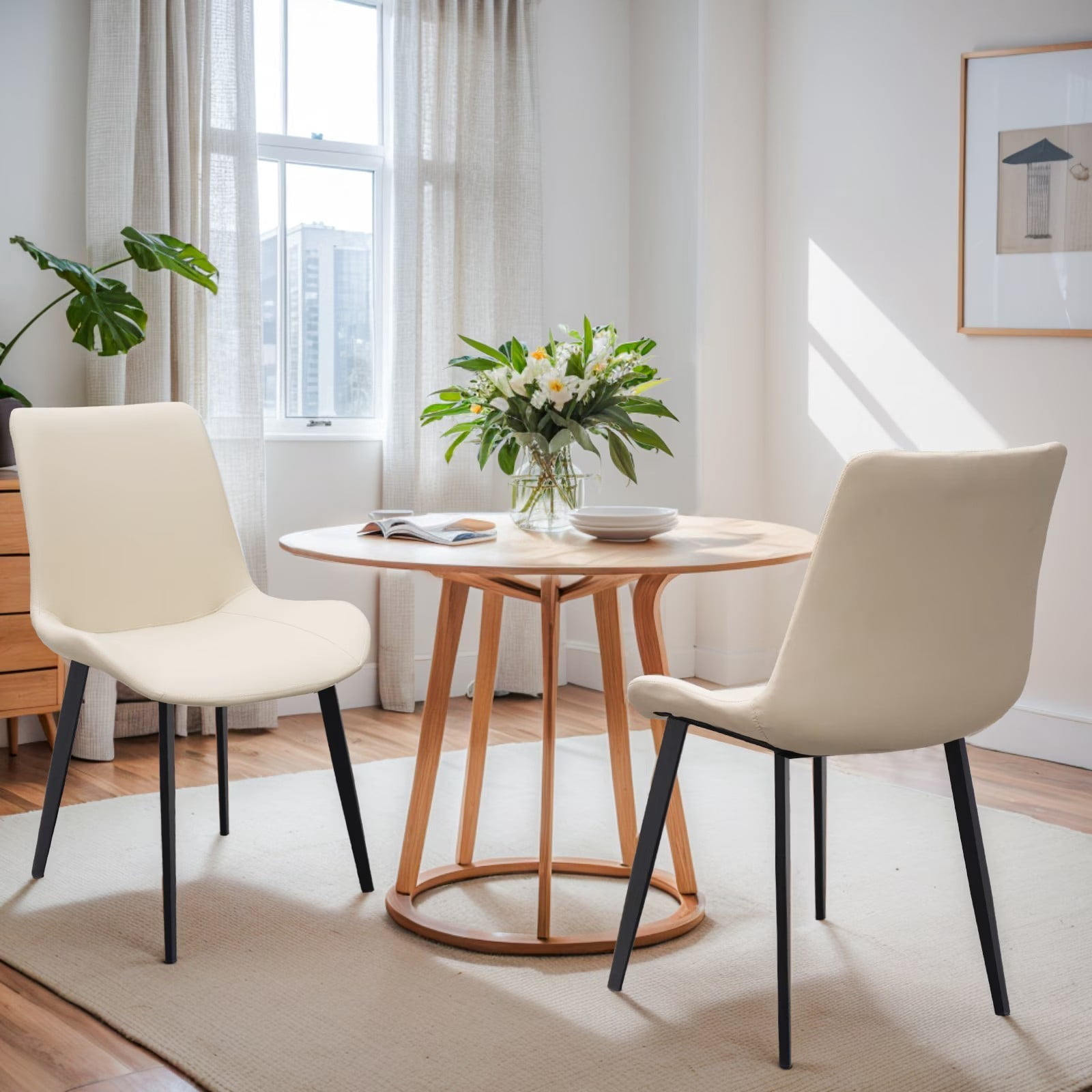 Beige PU Leather Dining Chairs Set of 2, Modern Upholstered Kitchen Chairs with Metal Legs, Armless Side Chairs for Dining Room, Restaurant, Living Room & Meeting Room