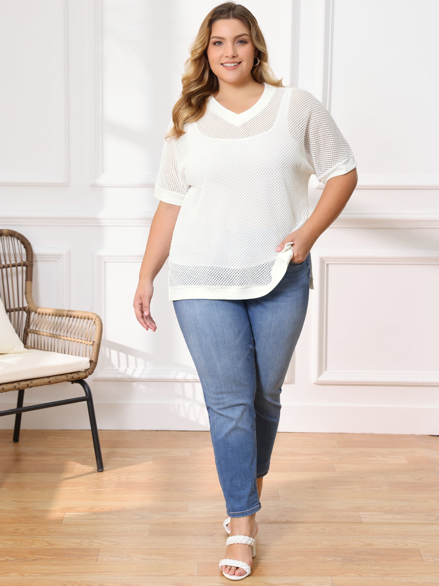 DARING DIVA Women's Plus Half Sleeve Waffle Knit Blouse Casual Top 3X White