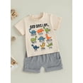thumbnail image 5 of Loicainy Toddler Baby Boy Summer Outfits 6 12 18 24 Months 2T 3T 4T Dinosaur Letter Print Round Neck Short Sleeve Tops with Solid Shorts Clothes Set, 5 of 9