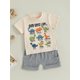 thumbnail image 5 of Conjunto de verano para niño pequeño: camiseta de manga corta con cuello redondo y estampado de letras de dinosaurios con pantalones cortos lisos., 5 of 9
