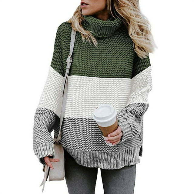 EGNMCR Chandail à Col Rond pour Femmes, Chandail pour Femmes et Blouse Décontractée d'Hiver à Col Roulé pour Femmes, Chandail à Manches Longues en Tricot Patchwork Women Sweater
