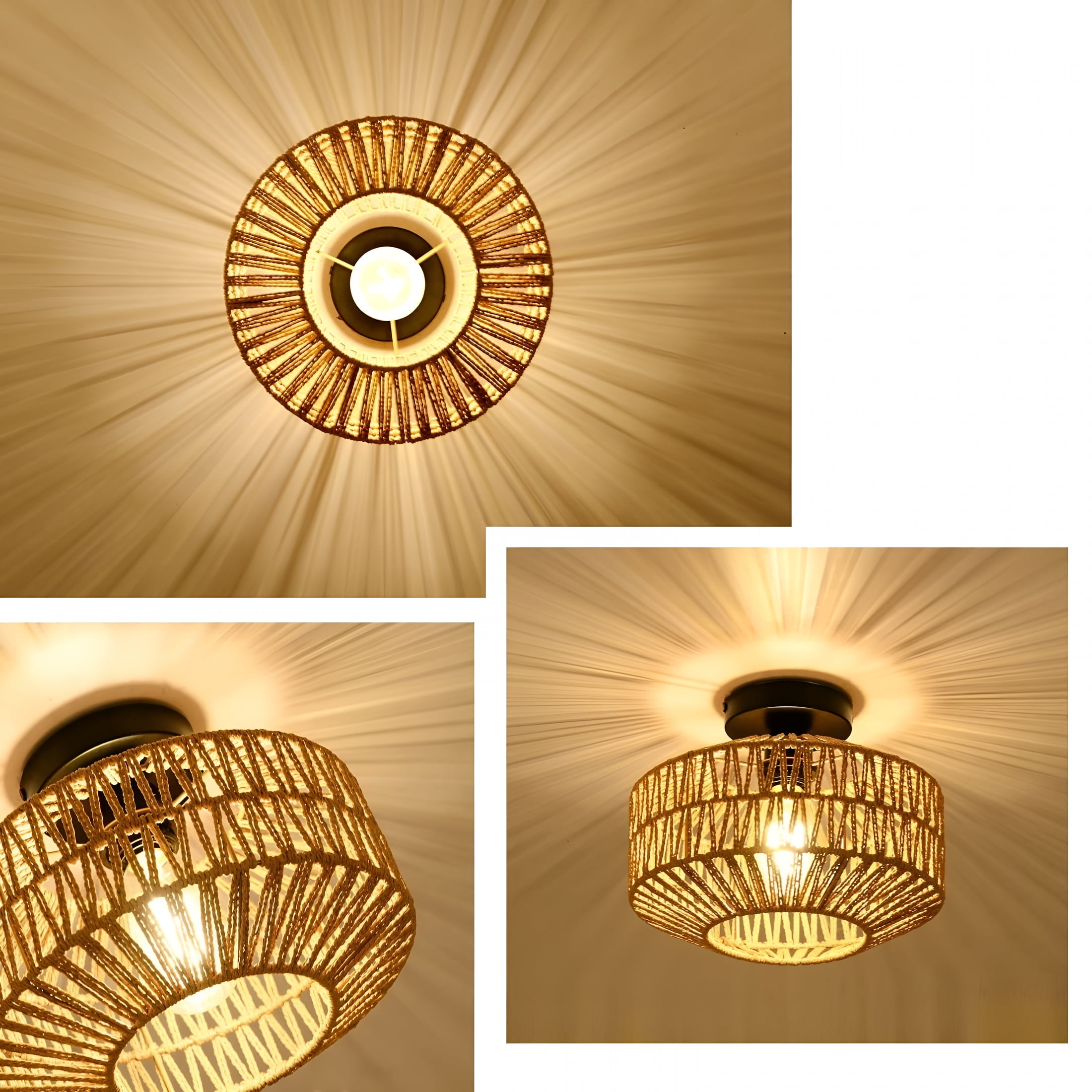 HIBIBUD Boho Ceiling Light,Vintage Rattan Semi Flush Mount Ceiling Light Fixture,Hand Woven Chandelier for Hallway,Bedroom,Kitchen,Living Room,Entryway (1PCS)