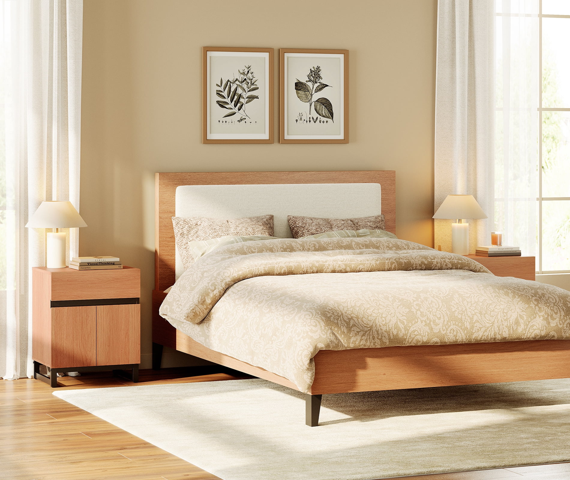 WAMPAT 2 Pack Nightstand with 1 Drawer & 1 Storage Cabinet, Modern Bedside Table with 2 Open Doors for Bedroom, Wood Rustic Side End Table for living Room.