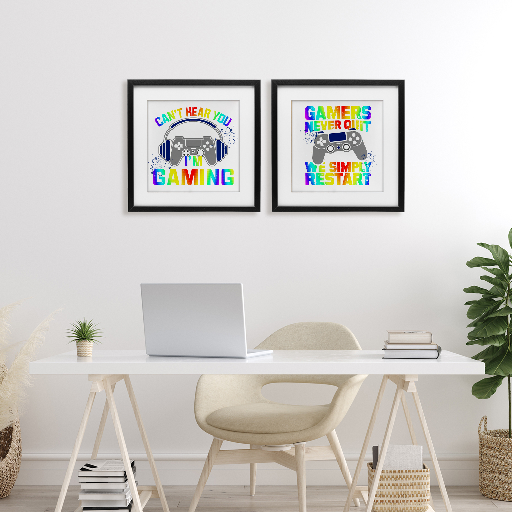 Rainbow Retro Gaming Phrases 2 Piece Black Framed Print Under Glass Set, design by Kim Allen
