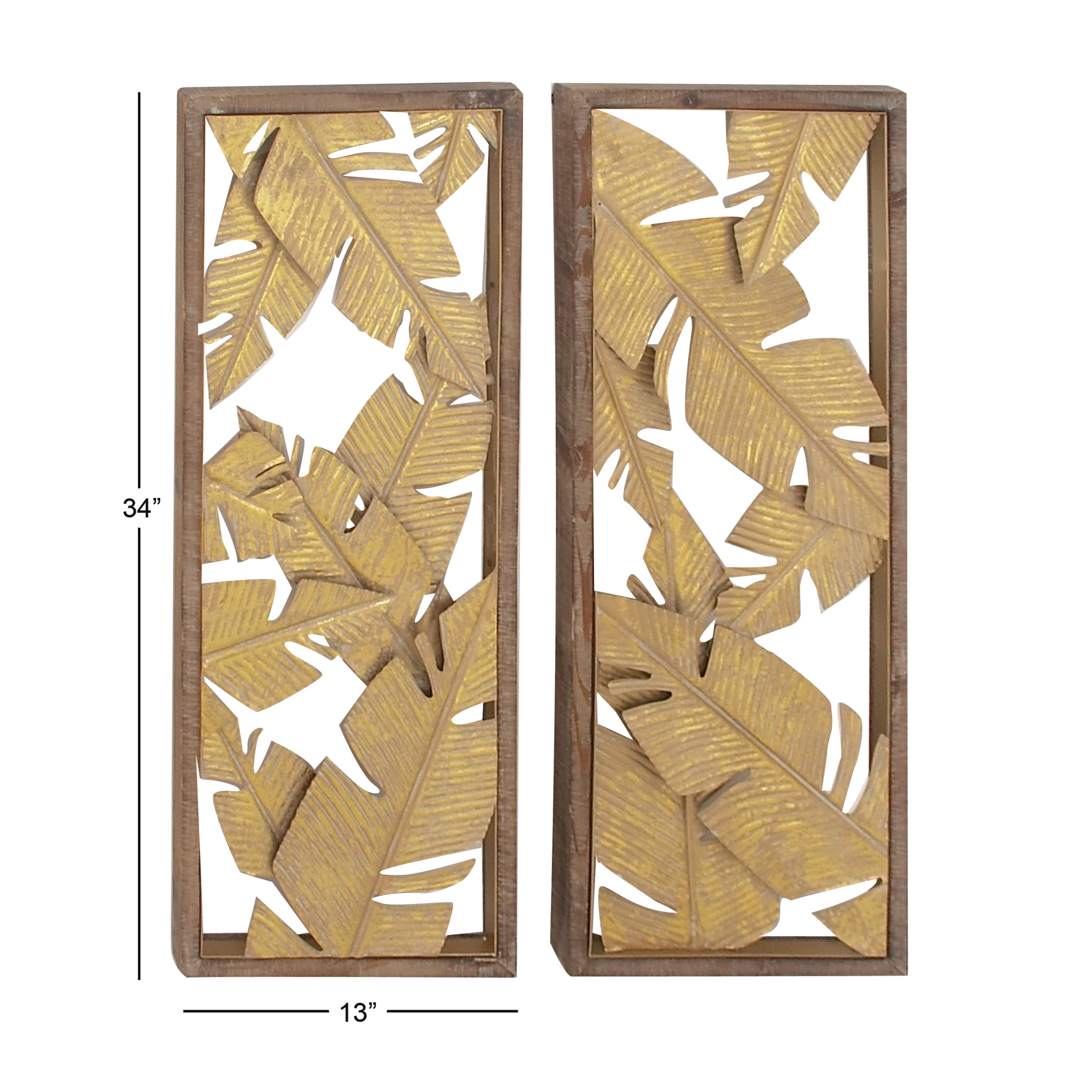 DecMode Contemporary Metal Banana Leaves Wall Décor, Set of 2 13"W x 34"H with Stained Yellow and Gold Finish