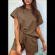 thumbnail image 5 of Conjunto de Pijama de 2 Piezas para Mujer, Color Liso, Cuello Redondo, Informal, de Tela Texturizada, Corta, Color Café, L, 5 of 7