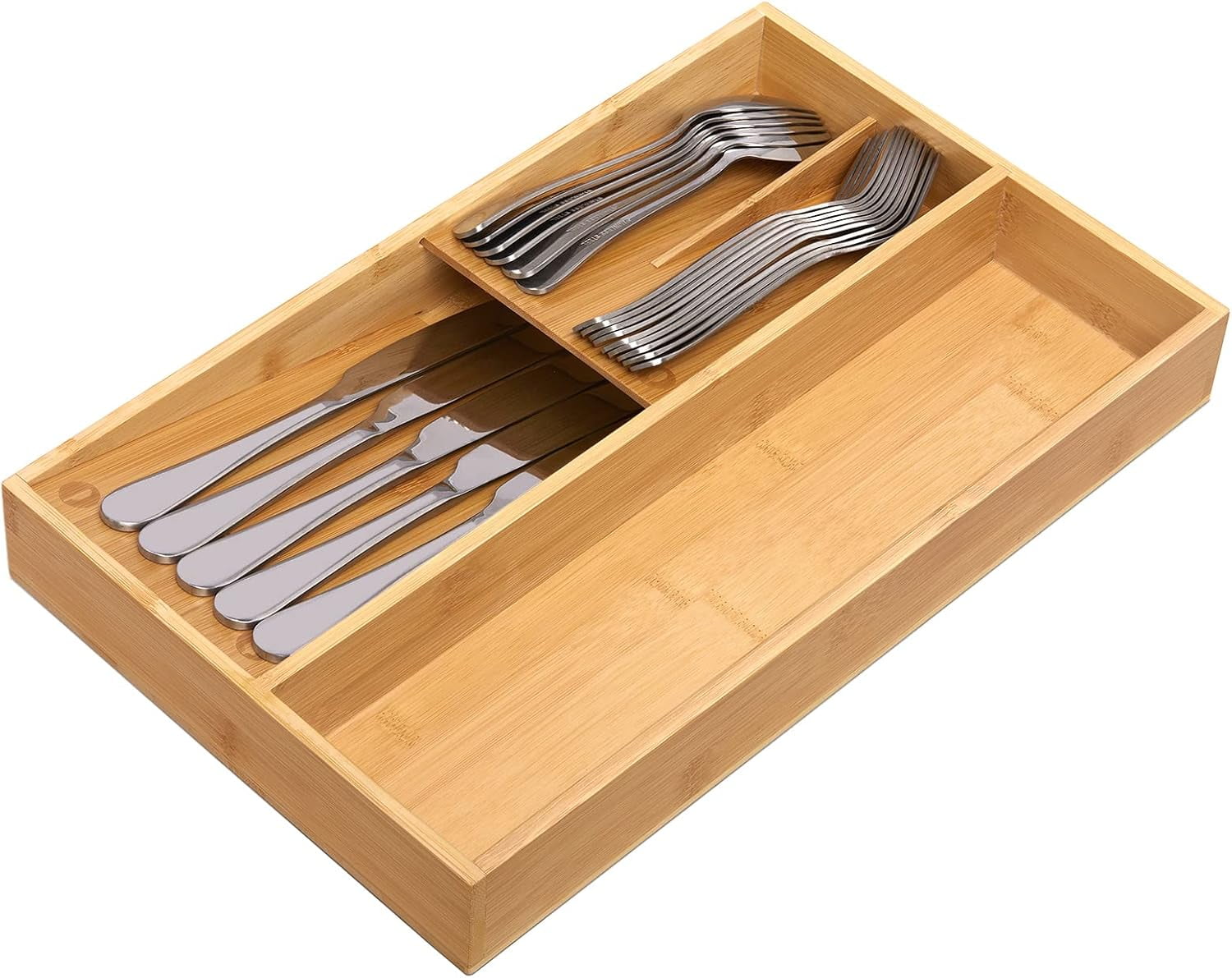 AllWays Plaza Bamboo silverware tray organizer, Utensil Holder and Cutlery Tray for Drawer, Kitchen Drawer Organizer Divider for Spoons Forks Knives