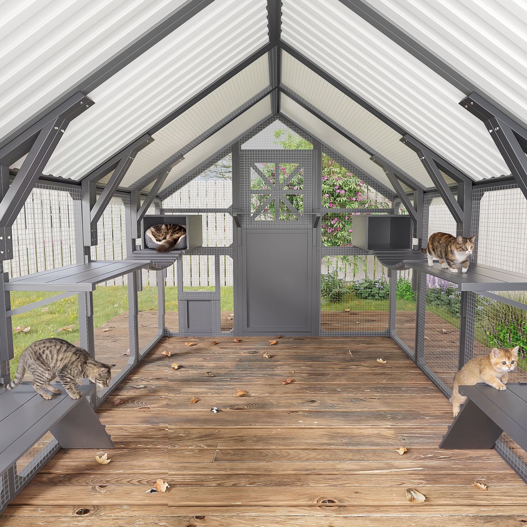 95" Outdoor Large Catio, Cat Enclosure for Multiple Cats, Walk-in Outdoor Cat House with 8 Platforms, 2 Resting Boxes, 1 Bridges & 1 Weatherproof Cover, Gray