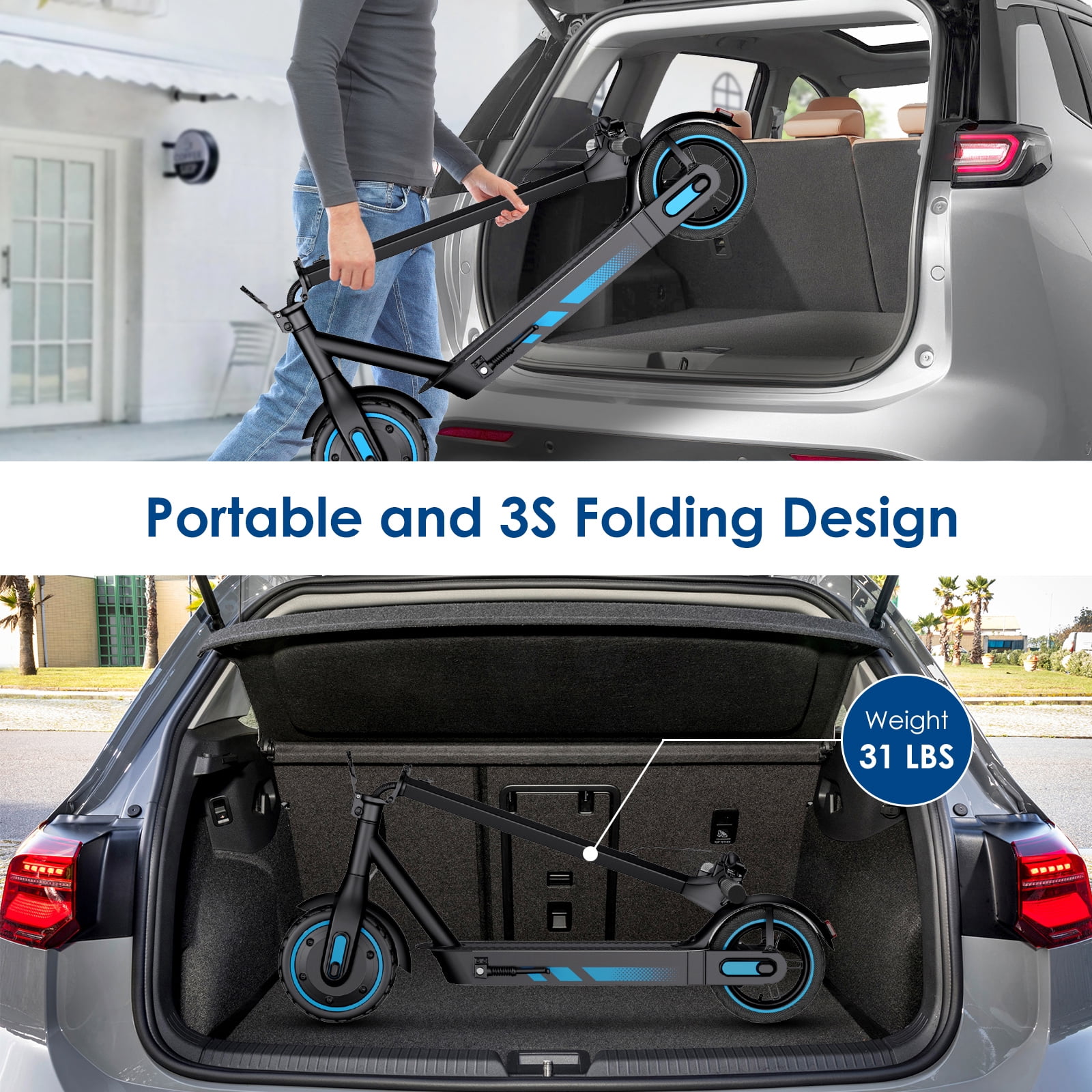 Electric Scooter for Adults, 500W, 25 Miles & 25 MPH Max, 10'' Pneumatic Tires Portable Folding Design，Commuting E-Scooter Blue