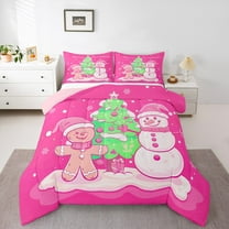 Manfei Girly Pink Snowman Full Size Comforter Sets for Kid, Merry Christmas Bedding Comforter Set, Western Winter Festival Reversible Bedding Sets, Lightweight Room Decor, 3-Piece