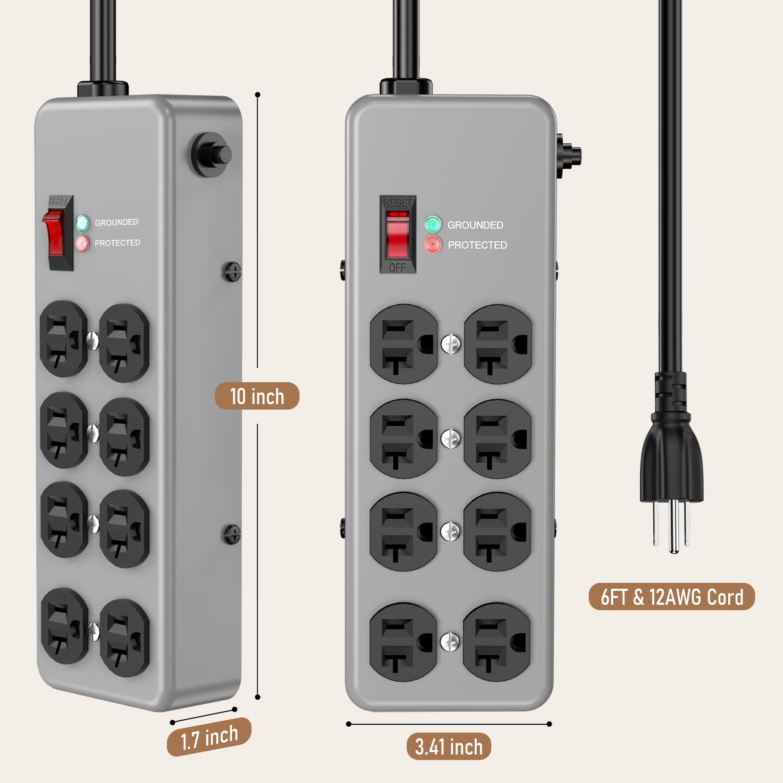 VILONG 20 Amp Metal Power Strip,Heavy Duty Electrical Surge Protector, 8-Outlet 4800J 2500W,6ft 12AWG Extension Cord Plug for Indoor/kitchen,Gray