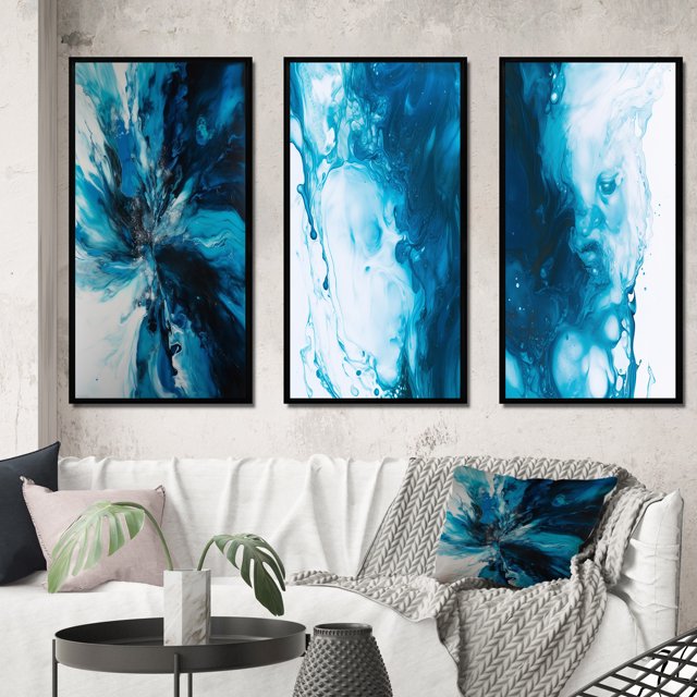 Designart "Blue Onyx Marble Essence" Abstract Framed Wall Art Set Of 3 - Teal Abstract Frame Gallery Wall Set For Home Decor