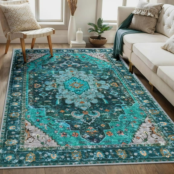 Area Rug 5x7ft Washable Rugs for Living Room Non-Slip Indoor Rugs Large Low-Pile Mat Floor Carpet Vintage Rug for Bedroom Dinning Foyer Decor (Teal/Multi)