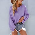 thumbnail image 4 of Sudadera de manga larga para mujer Camisa informal con cuello redondo y botones de color sólido Púrpura M, 4 of 7