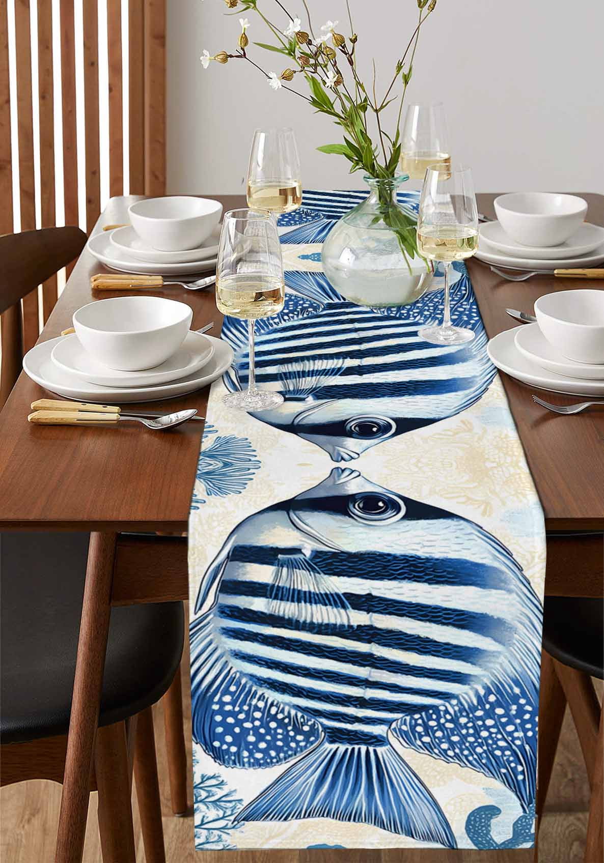 Blue Yellow Ocean Table Runner Cotton Linen 60 Inch Holiday Dresser Scarves, Summer Coastal Stripe Fish Coral Tablerunner for Kitchen Coffee Dining Bedroom Living Room Dinner Scarf Décor 13''x60''