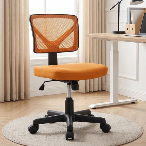 Orange Armless Office Chair With Mesh Back, Height Adjustable Swivel Rolling Desk Chair For Home Or Office