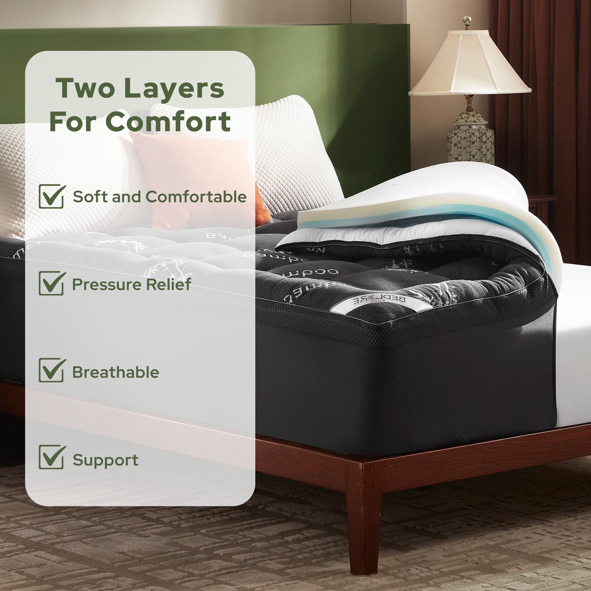 BEDLORE Mattress Topper Full Size, 2" Gel Memory Foam Plus 2" Plush Pillow Top Pad, 4 " Mattress Pad Cover for Back Pain