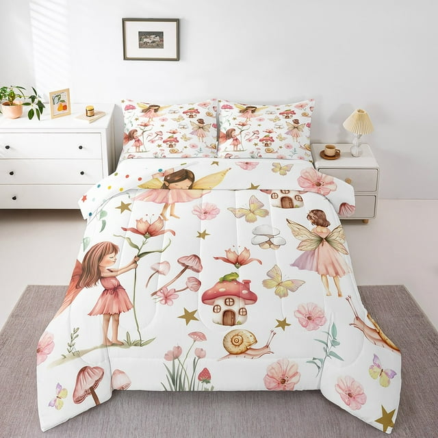 Erosebridal Ensemble de Couette Champignon Dessin Animé Taille Grand, Literie Kawaii Fée Elf Ensemble de Couette Grand, Décoration Princesse Rêveuse, Réversible, 3 Pcs
