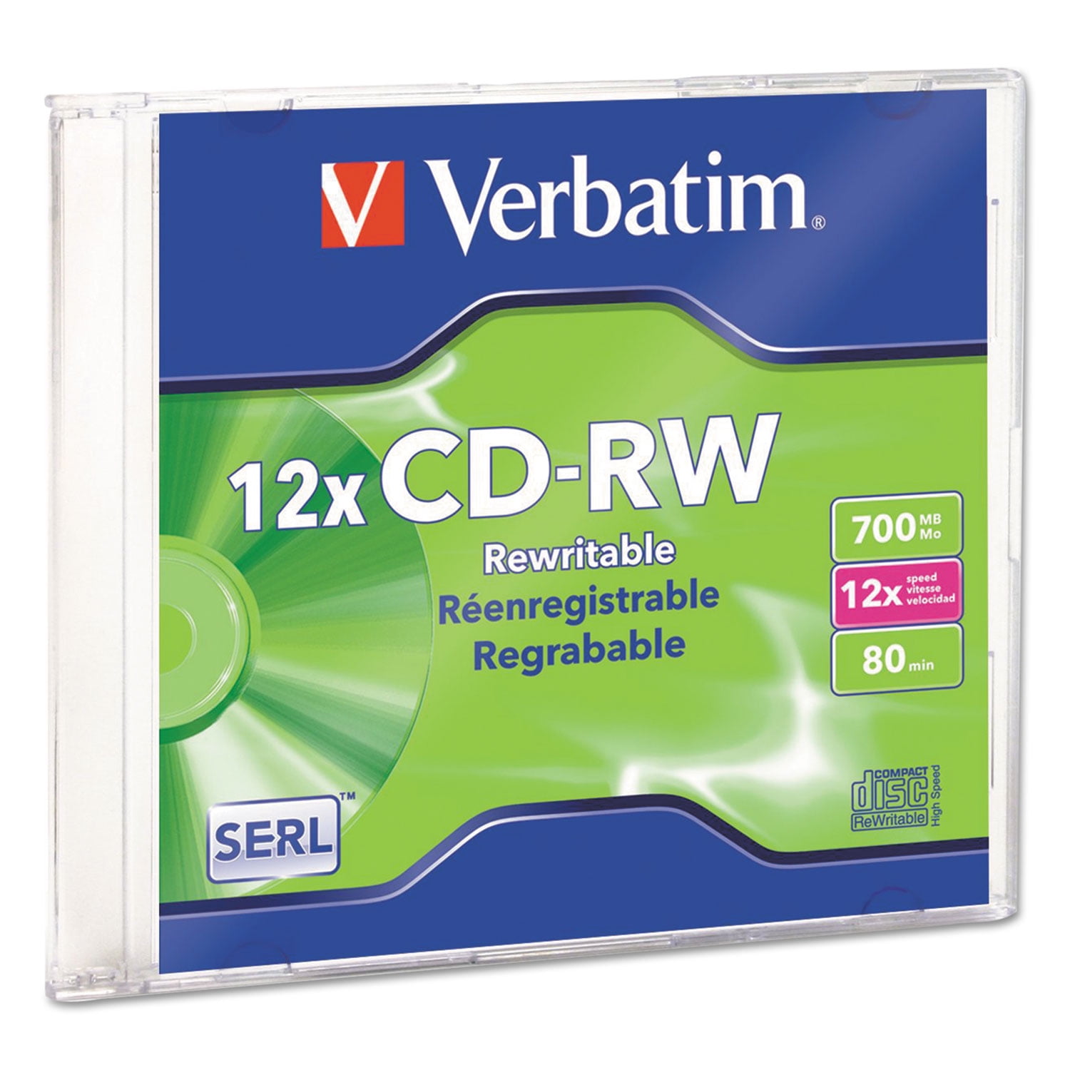 20 Pack Slim Case Verbatim CD+RW 700MB 2X-12X Color Rewritable Media Disc 