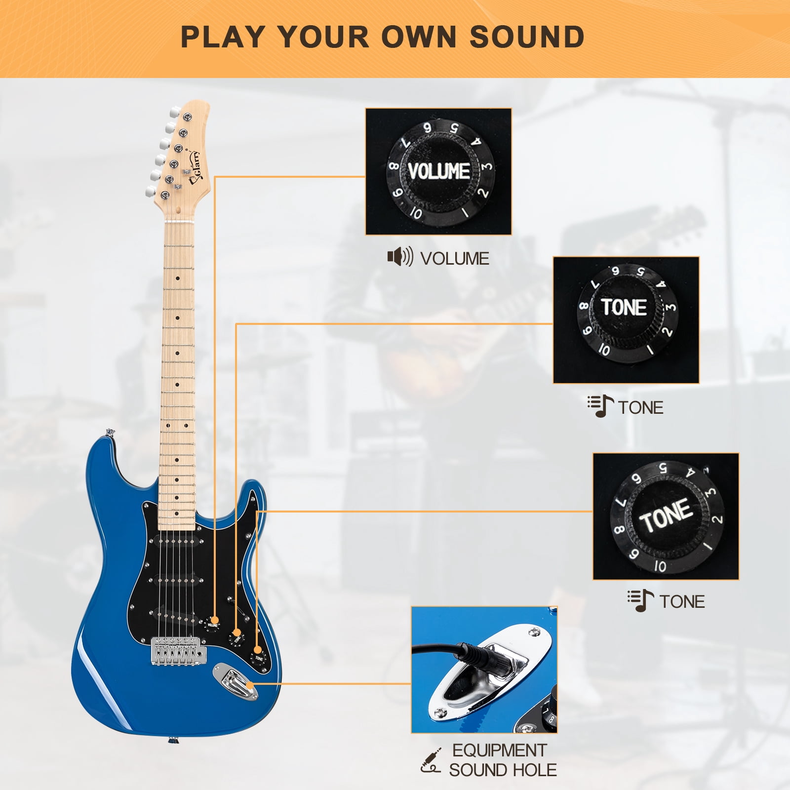 GLARRY Full Size Maple Electric Guitar with Amp and Case Beginner Blue