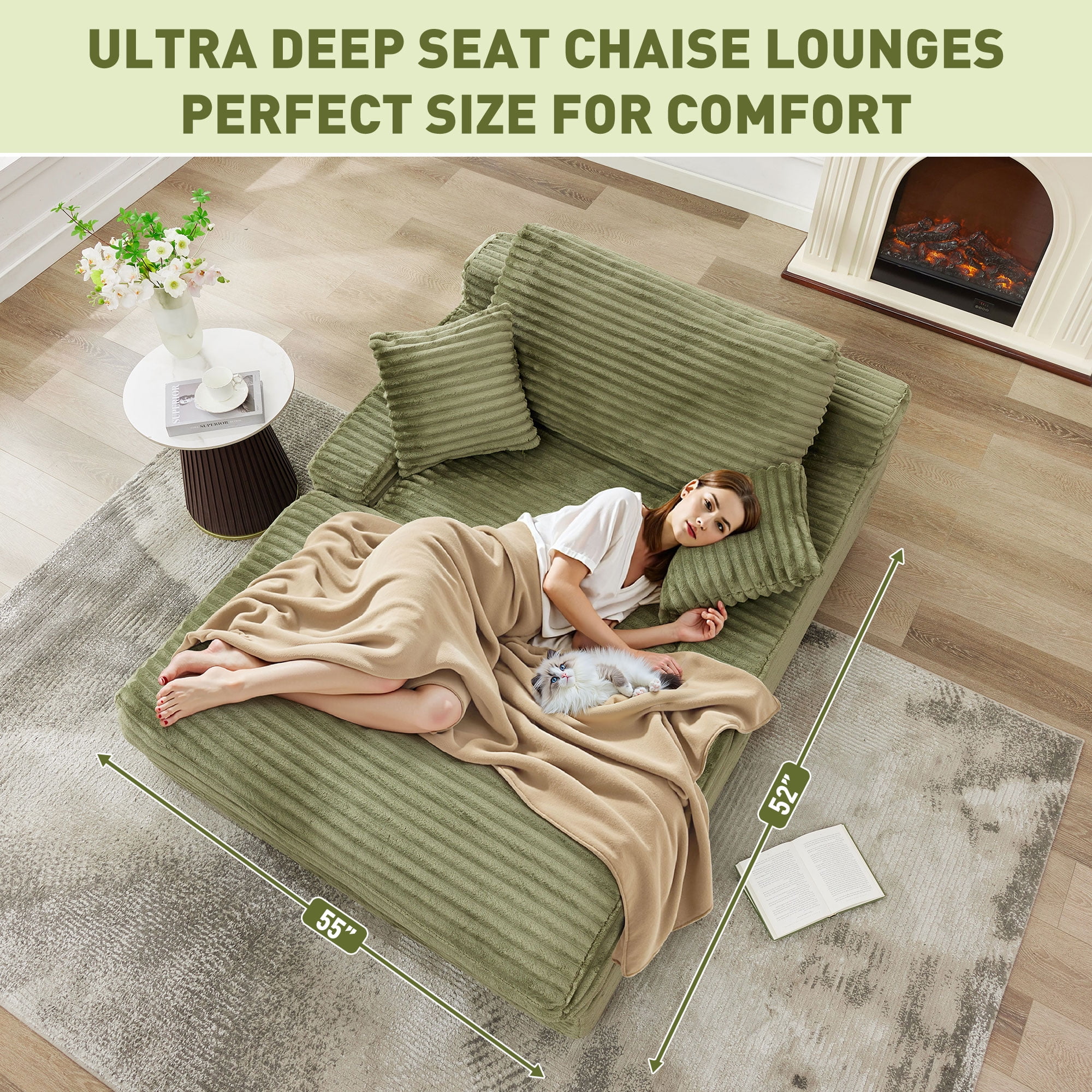 BedLuxury 73''x55'' Oversized Chaise Lounge Chair, Cloud Faux Fur Upholstered Sofa Bed Cozy Sleeper Couch for Living Room, No Assembly Required, Green