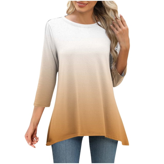 Dagugfen 3/4 Length Sleeve Womens Tops Gradient Color Round Neck Loose Irregular Hem Comfy Long Shirts
