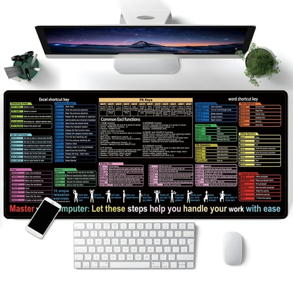 Simpkeely Excel Word Shortcut Key Mouse Pad - Large Waterproof Non-Slip Vibrant Multi-Functional Design with Excel, Word Computer Shortcuts Mouse Mat for Office & Gaming - 31.5" x 11.8"