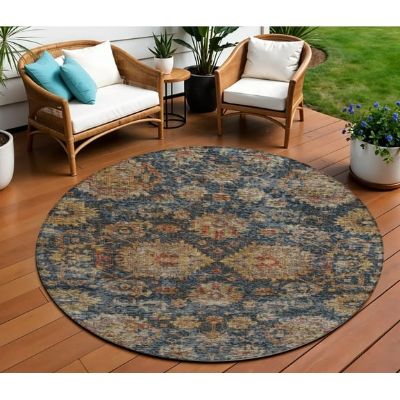 HomeRoots 603601 8 ft. Navy Blue, Brown & Terra Cotta Round Damask Washable Indoor & Outdoor Area Rug