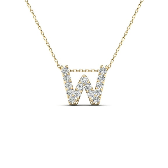0.15 Carat Natural White Diamond Initial "W" Pendant Necklace For Women In 14K Yellow and White Gold with 18" Gold Cable Chain|Silver Chain