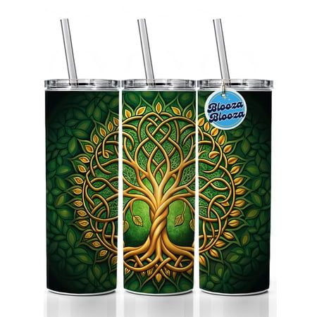 Irish Celtic Knot Tree Of Life Green And Golden 20oz Insulated Water Bottle Skinny Tumbler Includes Straw