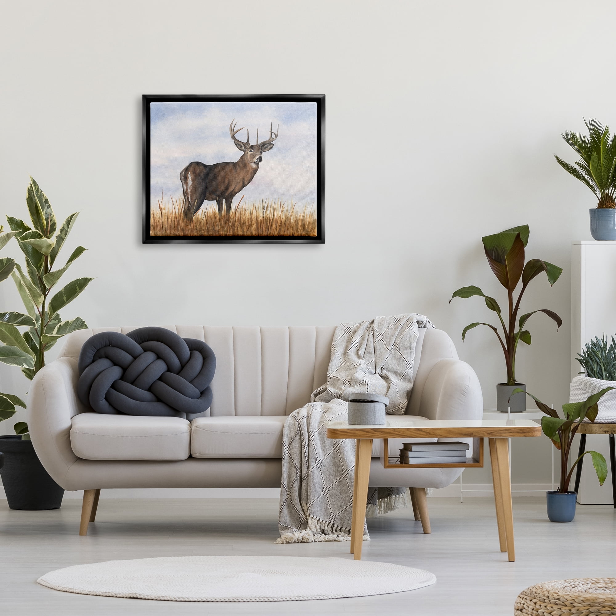 Stupell Industries Deer in Cloudy Landscape Animals & Insects Painting Black Floater Framed Canvas Art Print Wall Art, 31 x 25
