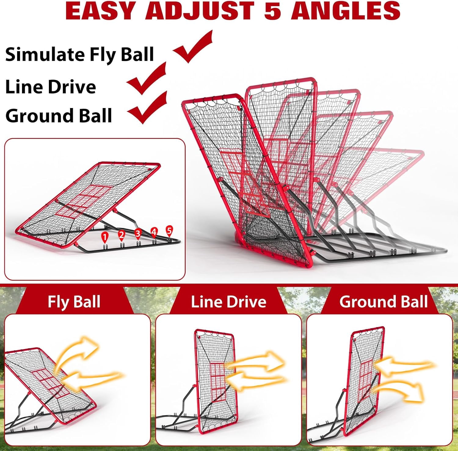 Riedhoff Baseball Rebounder Net 4 x 4.5 ft, Heavy Duty Bounce Back Net, 5 Adjustable Angles, Red