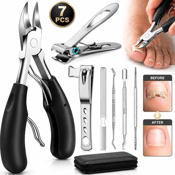 Heavy Duty Toenail Clippers for Seniors & Adults with Thick Nails , 7-Piece Professional Pedicure Set with Long Handle, Nail File, and Case - Extra Large Toe Nail Clippers for Ingrown, Hard