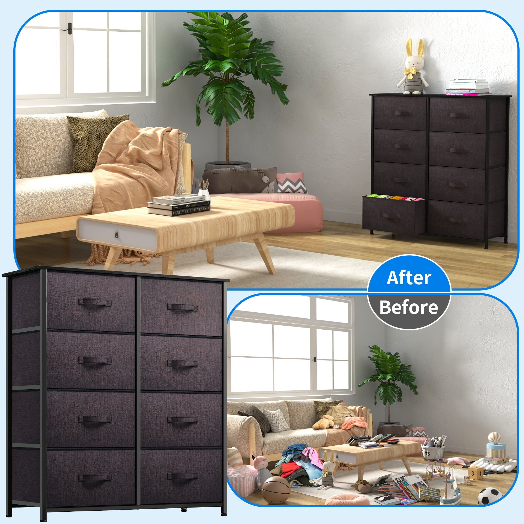 Dextrus 8 Drawers Dresser Bedroom Fabric Bins Organizer High Storage Chest Tower, Espresso Brown