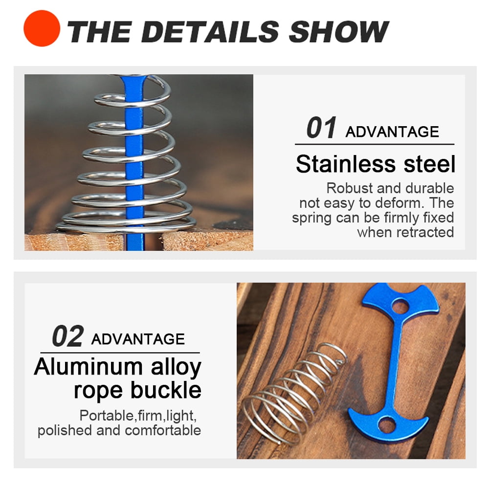 10PCS Deck Anchor Pegs, Windproof Aluminum Alloy Fishbone Tent Stakes Spring Buckle, Portable Nail-blue