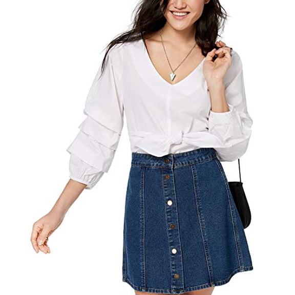 Juniors' Ruffle-Sleeved Tie-Front Blouse White XL