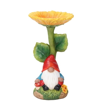 MS Outdoor Gnome Sunflower Statuary, Birdbath, Birdfeeder, 7.125 in L x 7.125 in W x 13.4 in H
