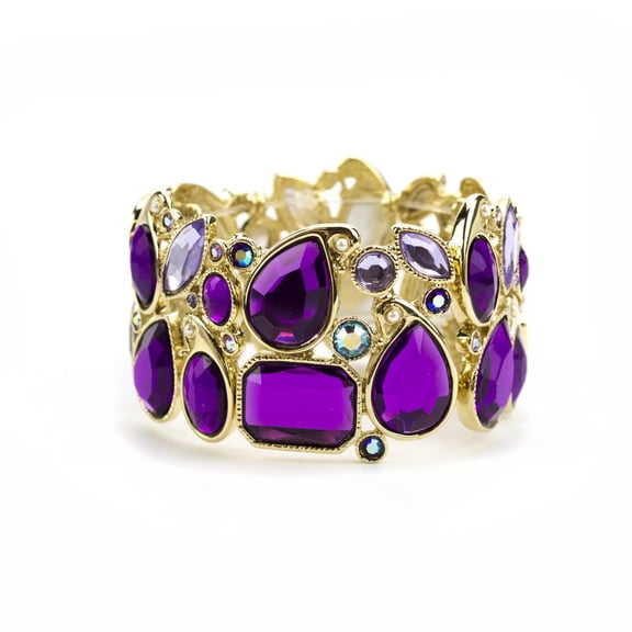 Purple Crystal Stretch Bracelet - Chunky Statement Jewelry with Iridescent Stones Bracelet Gold