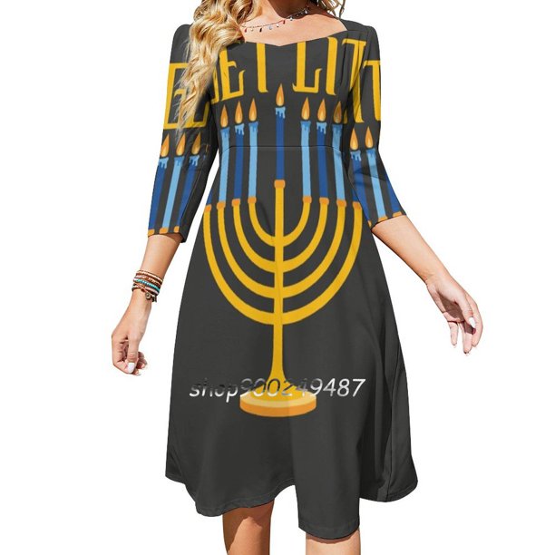 Vestido acampanado Get Lit Vestido de cuello cuadrado Vestido elegante de moda femenina Vestido estampado Hanukkah Menorah Dreidel Chanukkah Chanukah Hannukah