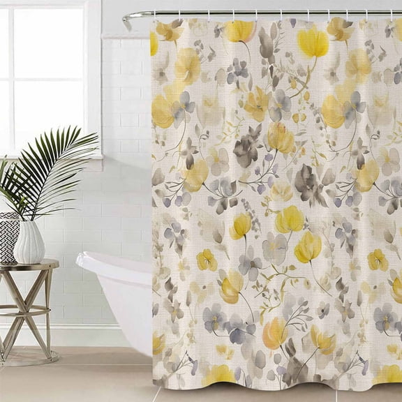 Yellow Grey Botanical Waterproof Fabric Shower Curtain, Spring Floral Watercolor Rustic Shower Curtain for Bathroom Curtains Bathtubs Hotel Washable Shower Curtains with 12 Hooks Standard 66x72