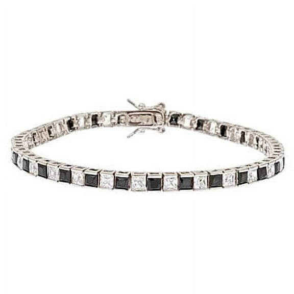 Channel Set Tennis Bracelet with Artificial Princess Cut Onyx Essence and Brilliant Diamonds by Diamond Essence set in Sterling Silver