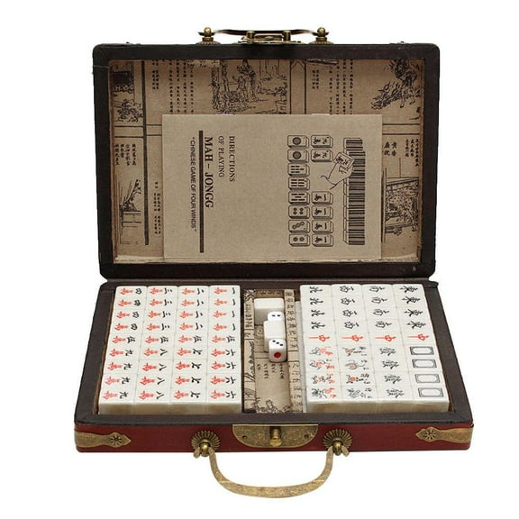 hejhncii Light Portable Vintage Traditional Chinese Mini Mahjong Set with Box，Including 2 Mahjong Without Printing，2 Blank