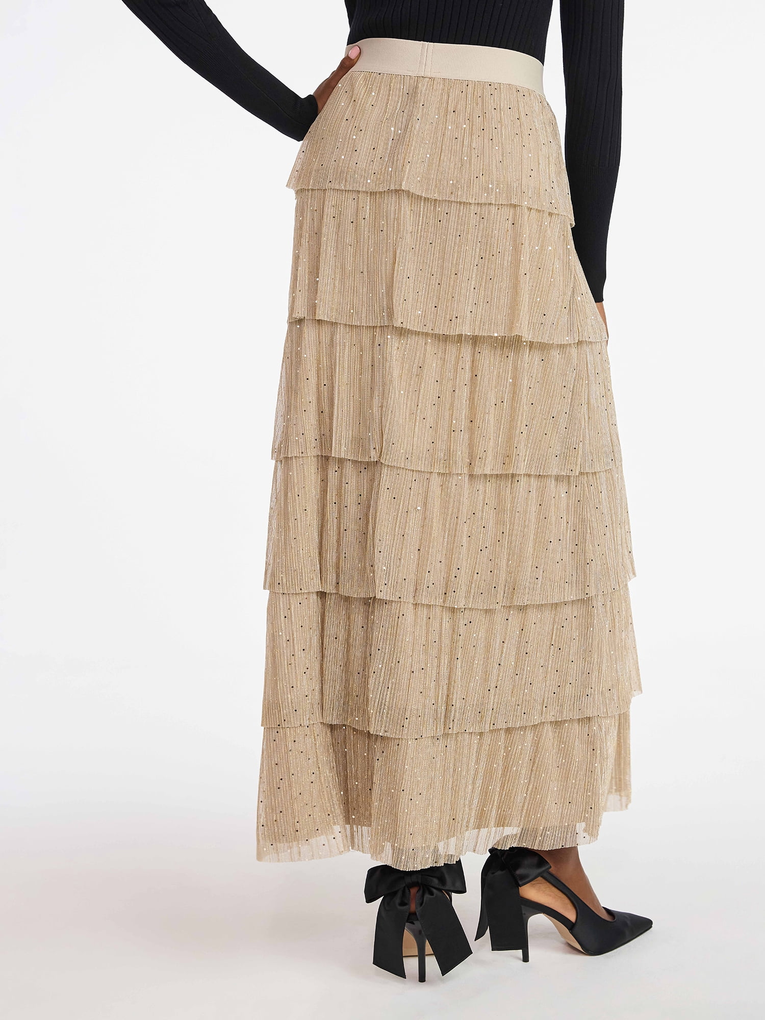 Scoop Women's and Women's Plus Glitter Ruffle Maxi Skirt, Sizes XS-4X