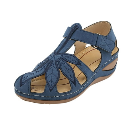 

VBARHMQRT Female Black Sandals Women Heeled Women Summer Flower Embroidery Hook Loop Casual Round Toe Wedges Comfortable Beach Shoes Sandals Women s Sandals Wide Width Cushion Hiking Sandals Kids