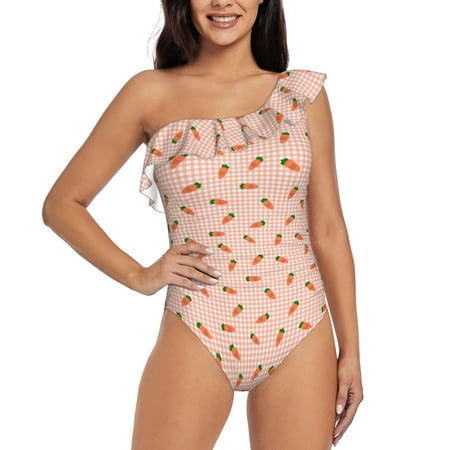 Gukieu orange carrot on a gingham Print One-shoulder Ruffled One-piece Swimsuit with Removable Chest Pads and Tummy-control Swimsuit for Women-Medium