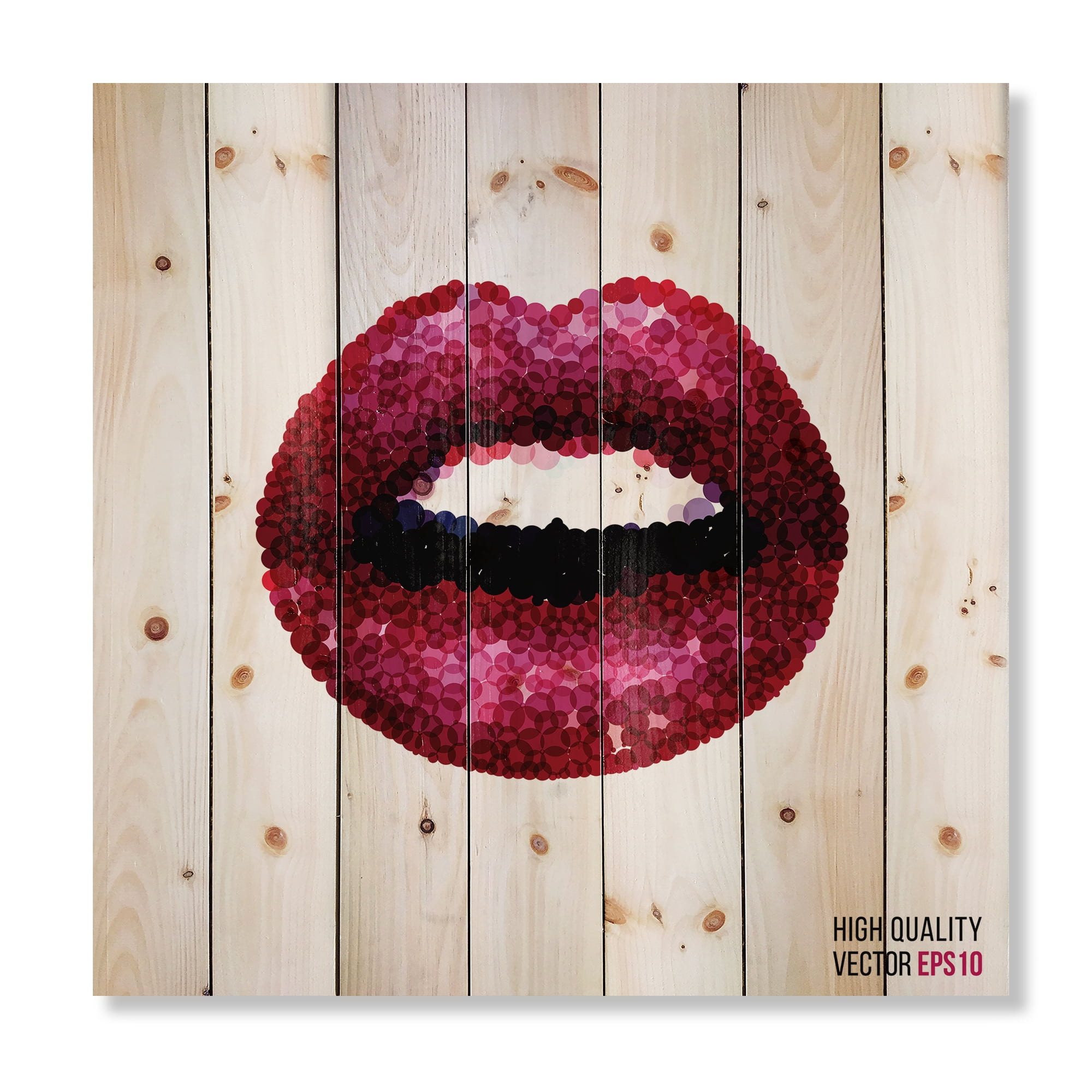 Designart 'Sexy Red Girl Lips' Modern Print on Natural Pine Wood