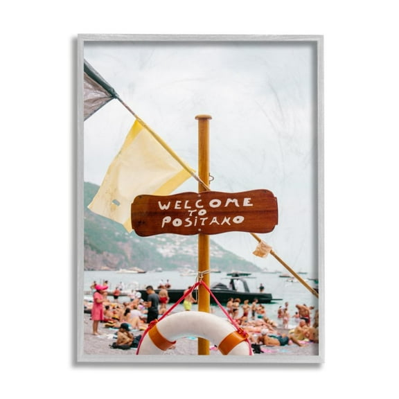 Stupell Industries Welcome to Positano Sign European Beach Vibes Photography Gray Framed Art Print Wall Art, 11x14, by Unsplash